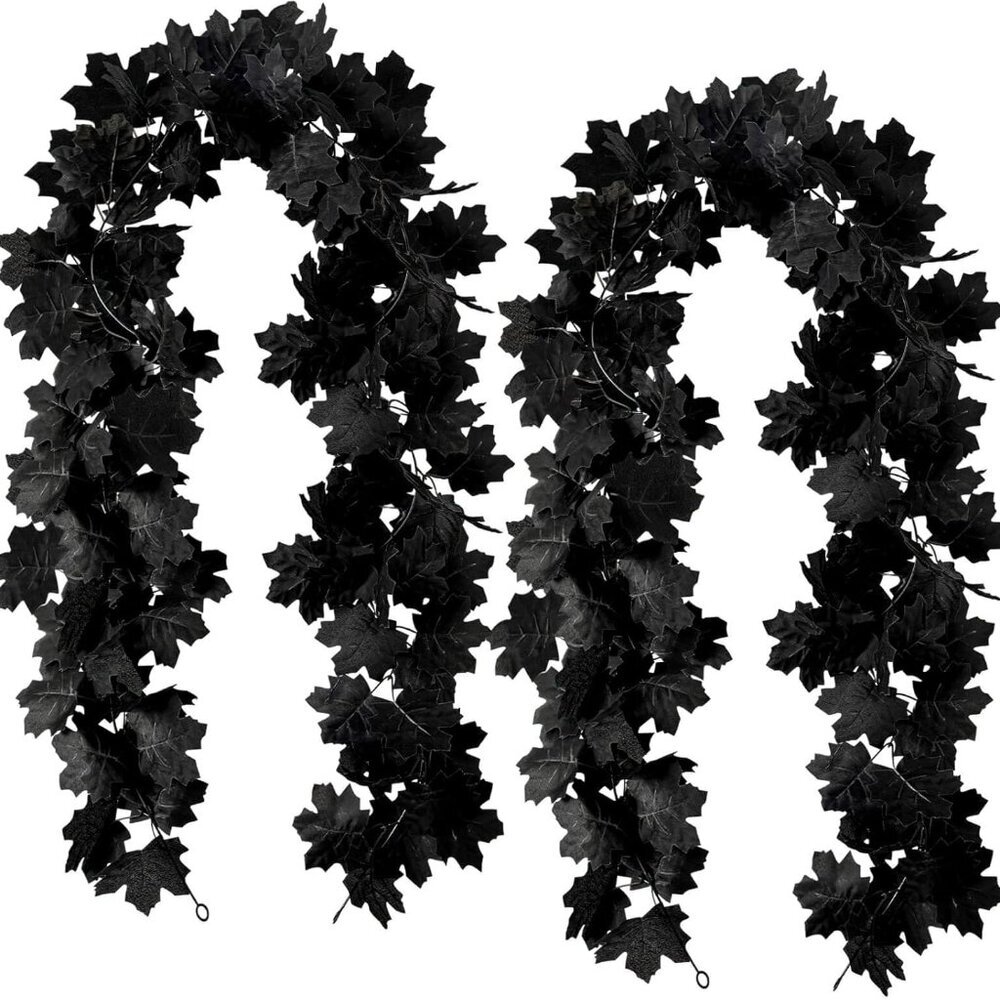 Black Maple Leaf Garland, 2PCS Halloween Artificial Hanging Fall Leave Vines, Fa
